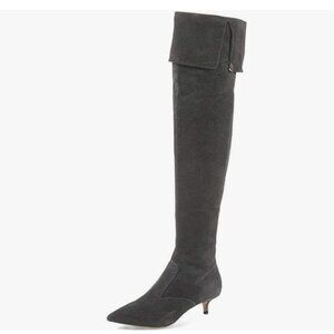 YDN Grey Pointed Toe Over The Knee Kitten Heel Wide Calf Zipper Dress Shoes